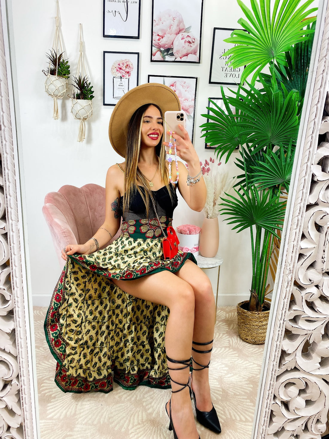 Gonna asimmetrica base beige verde e rosso - R.a. Boutique 