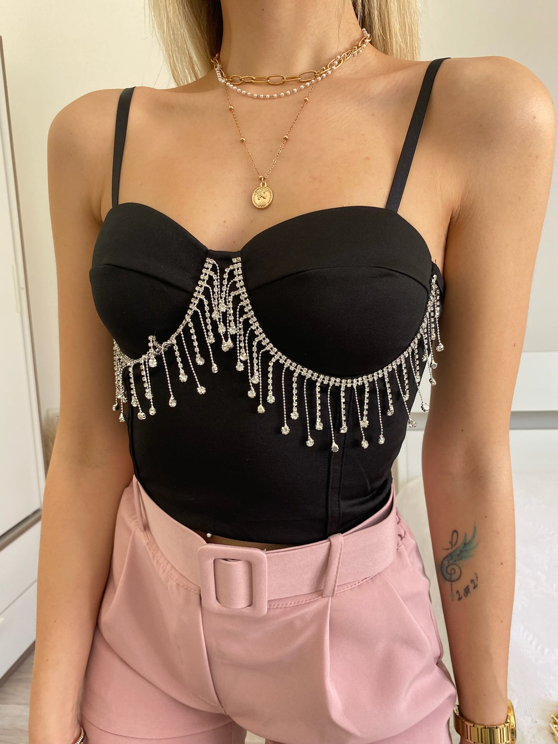 Corpetto nero con frange in strass - R.a. Boutique 