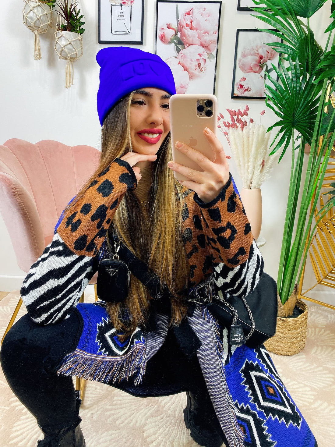 Cardigan Zebrato con frange e cinta in Blu - R.a. Boutique 