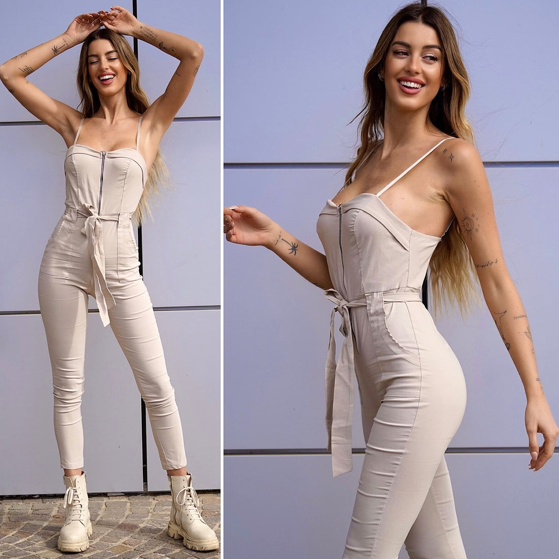 Tuta beige con zip - R.a. Boutique 