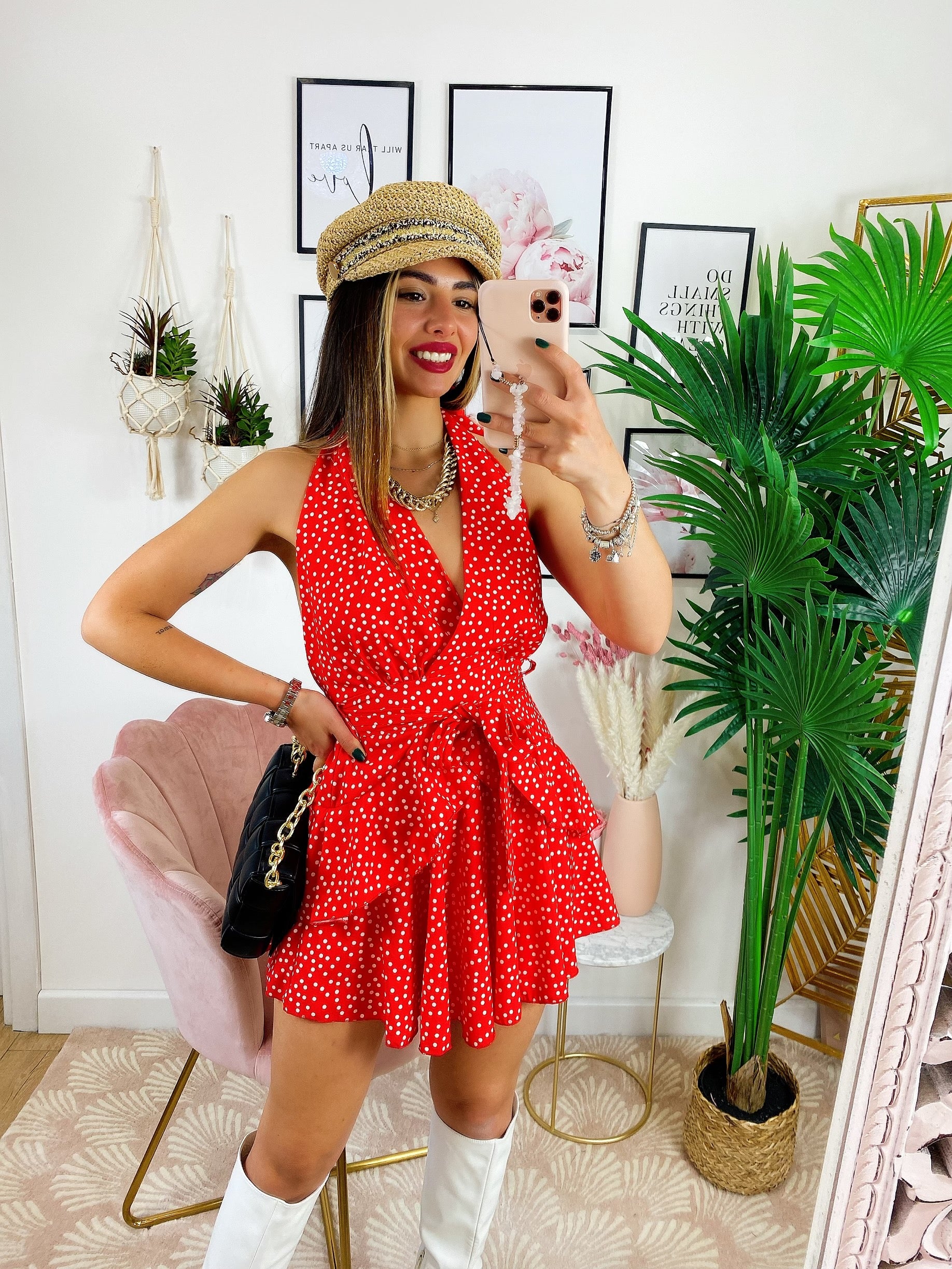 Tutina a balze e pois Rosso con cintura - R.a. Boutique 