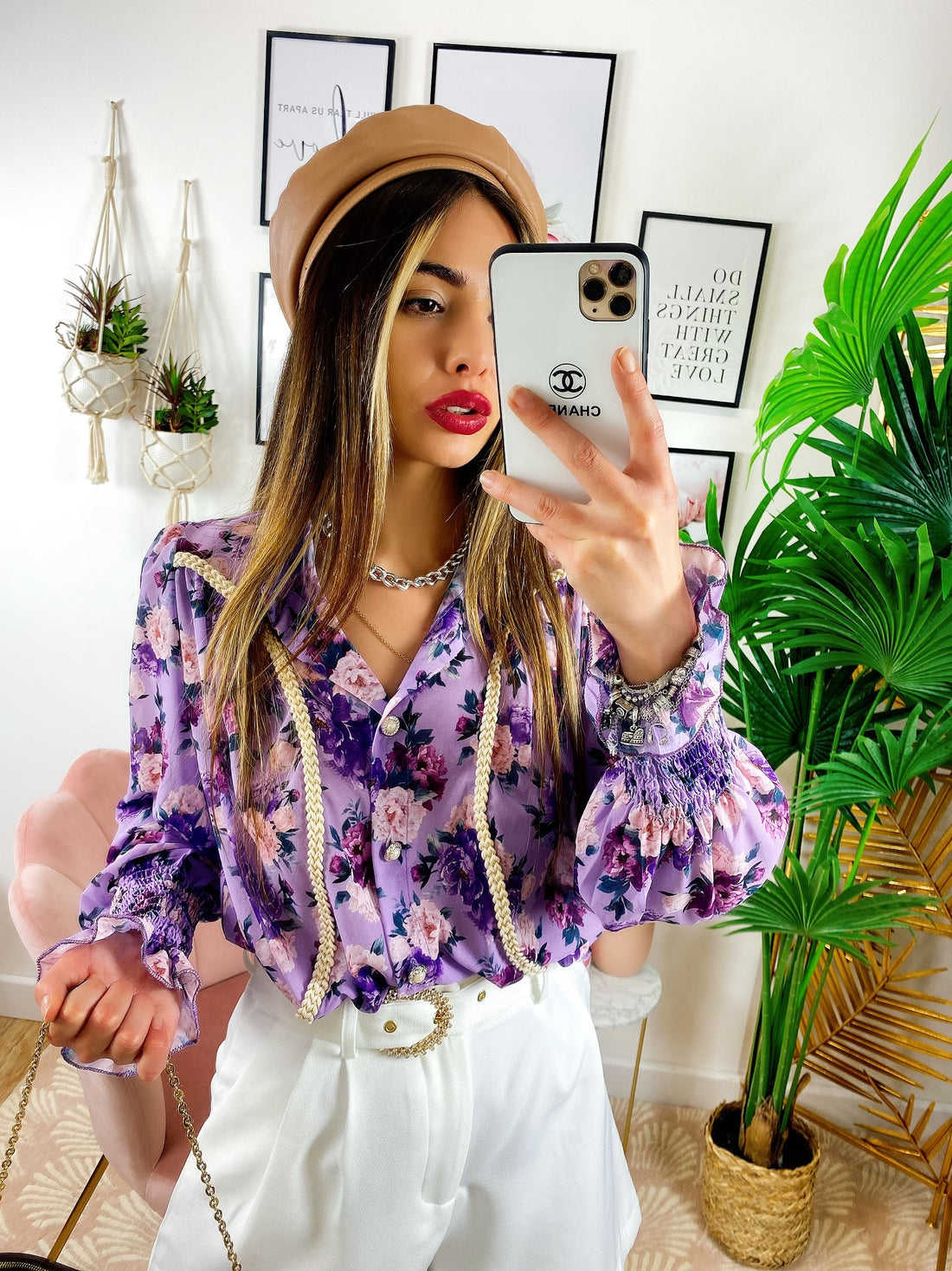 Camicia fiorata con ricami base lilla - R.a. Boutique 