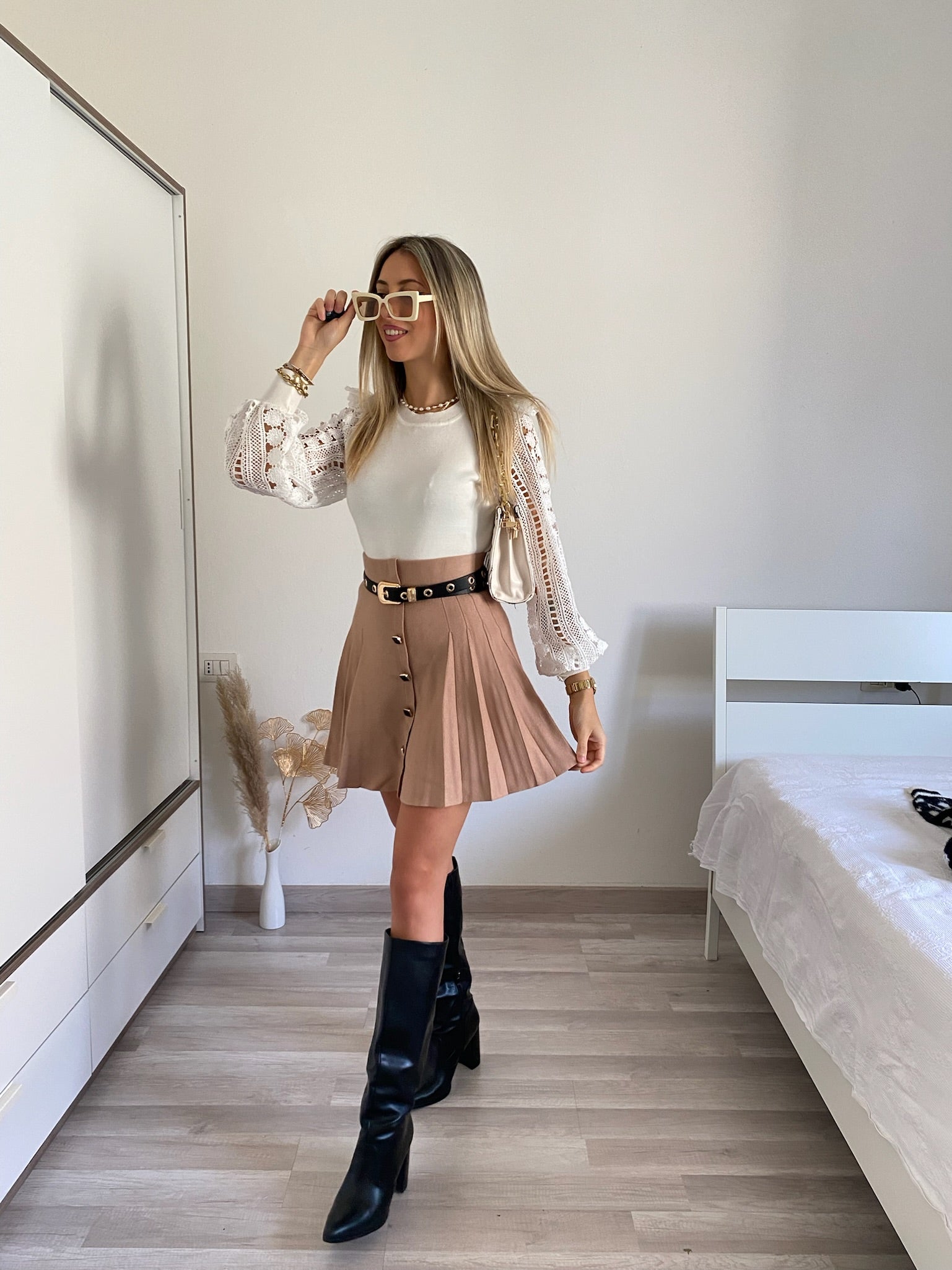 Gonna a pieghine in lana apricot - R.a. Boutique 