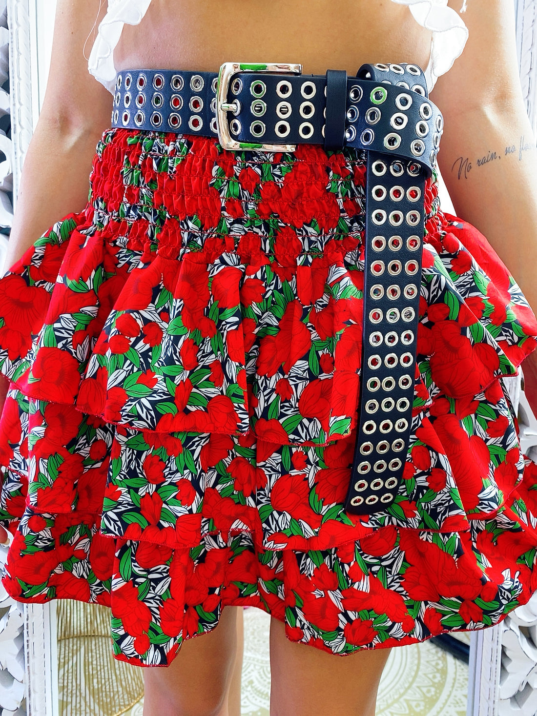 Gonna con balza fiori rossa - R.a. Boutique 