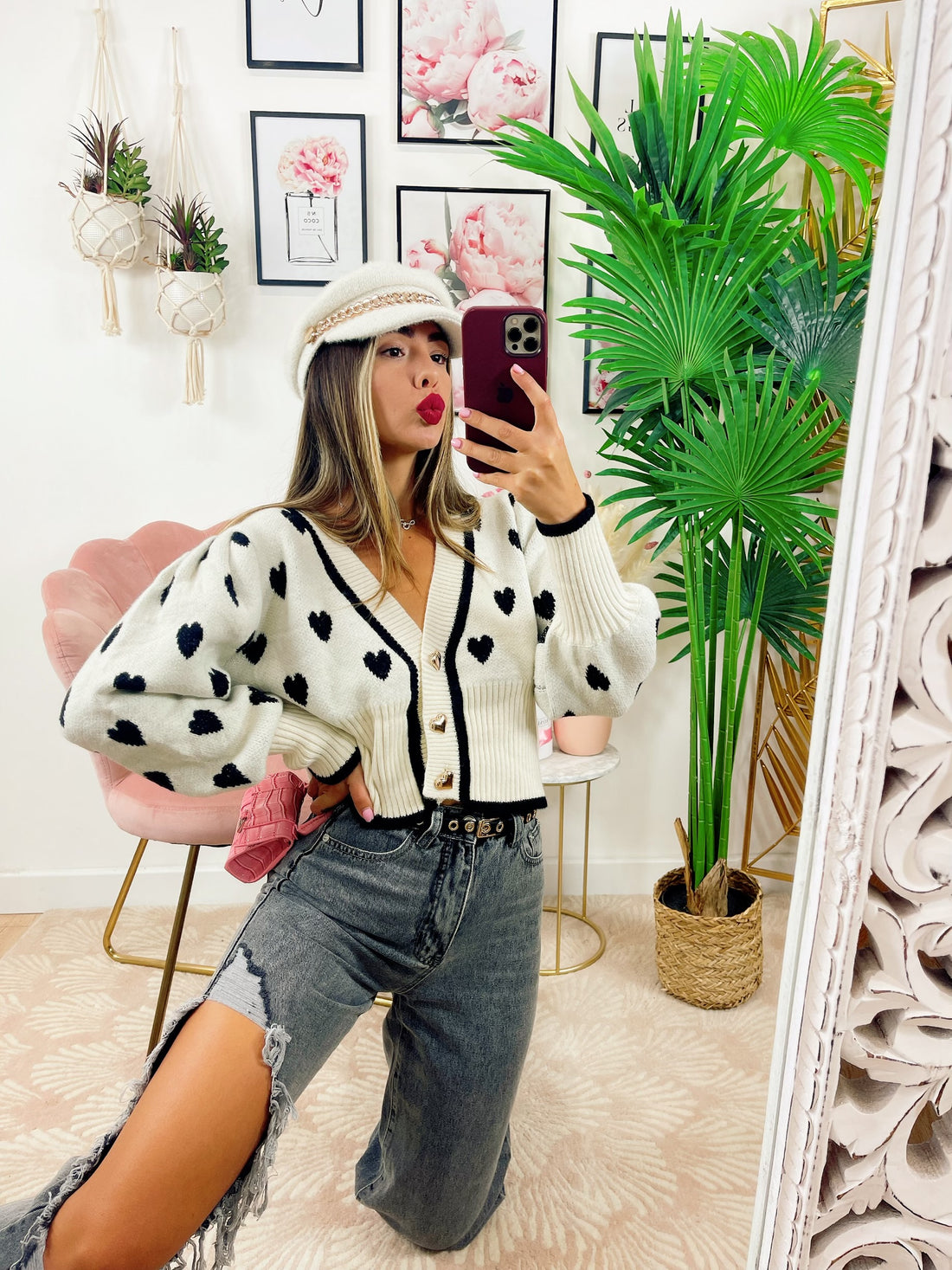 Cardigan a Cuori panna con bottoni - R.a. Boutique 