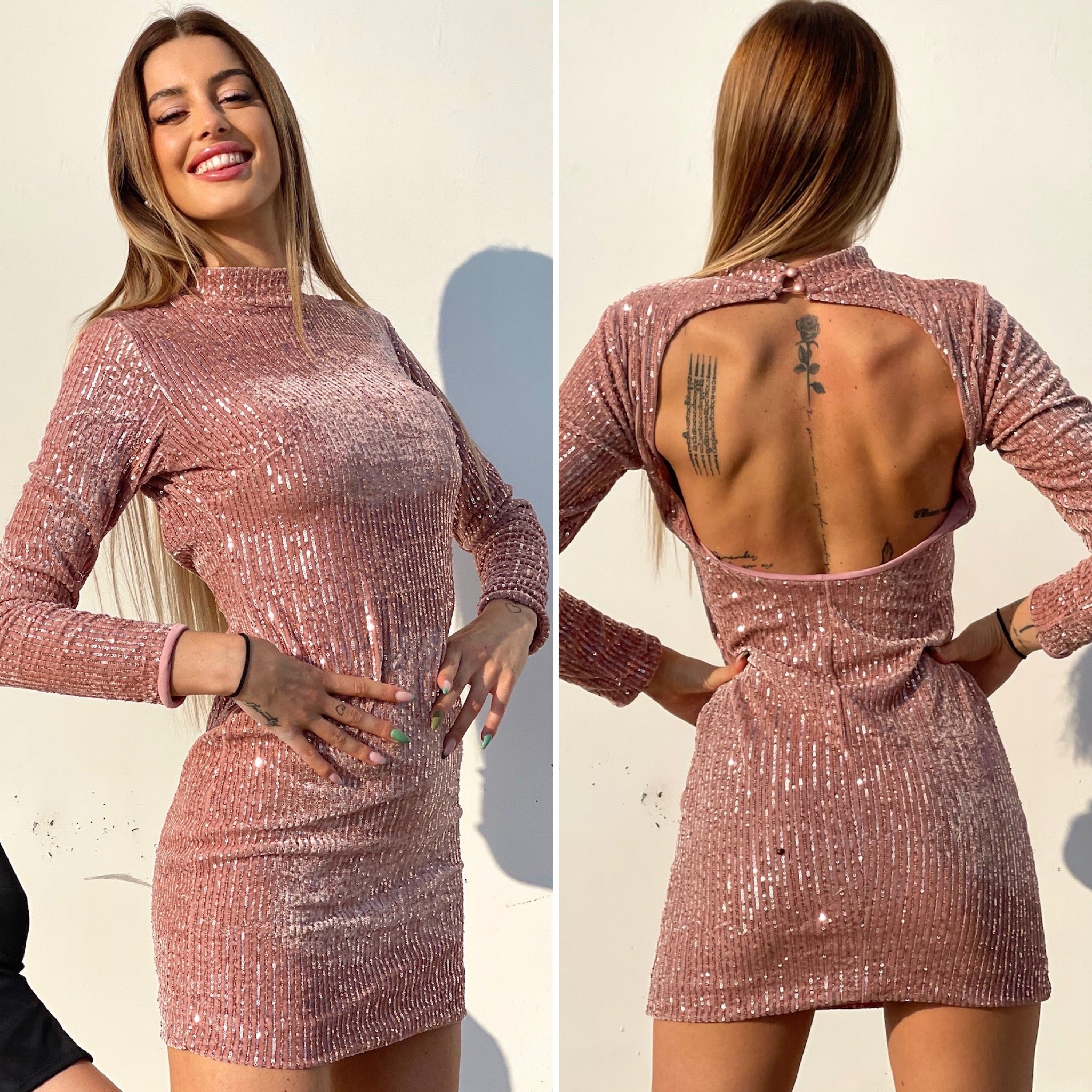 Abito schiena aperta in paillettes rosa - R.a. Boutique 