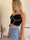 Top in pizzo con perle nero - R.a. Boutique 