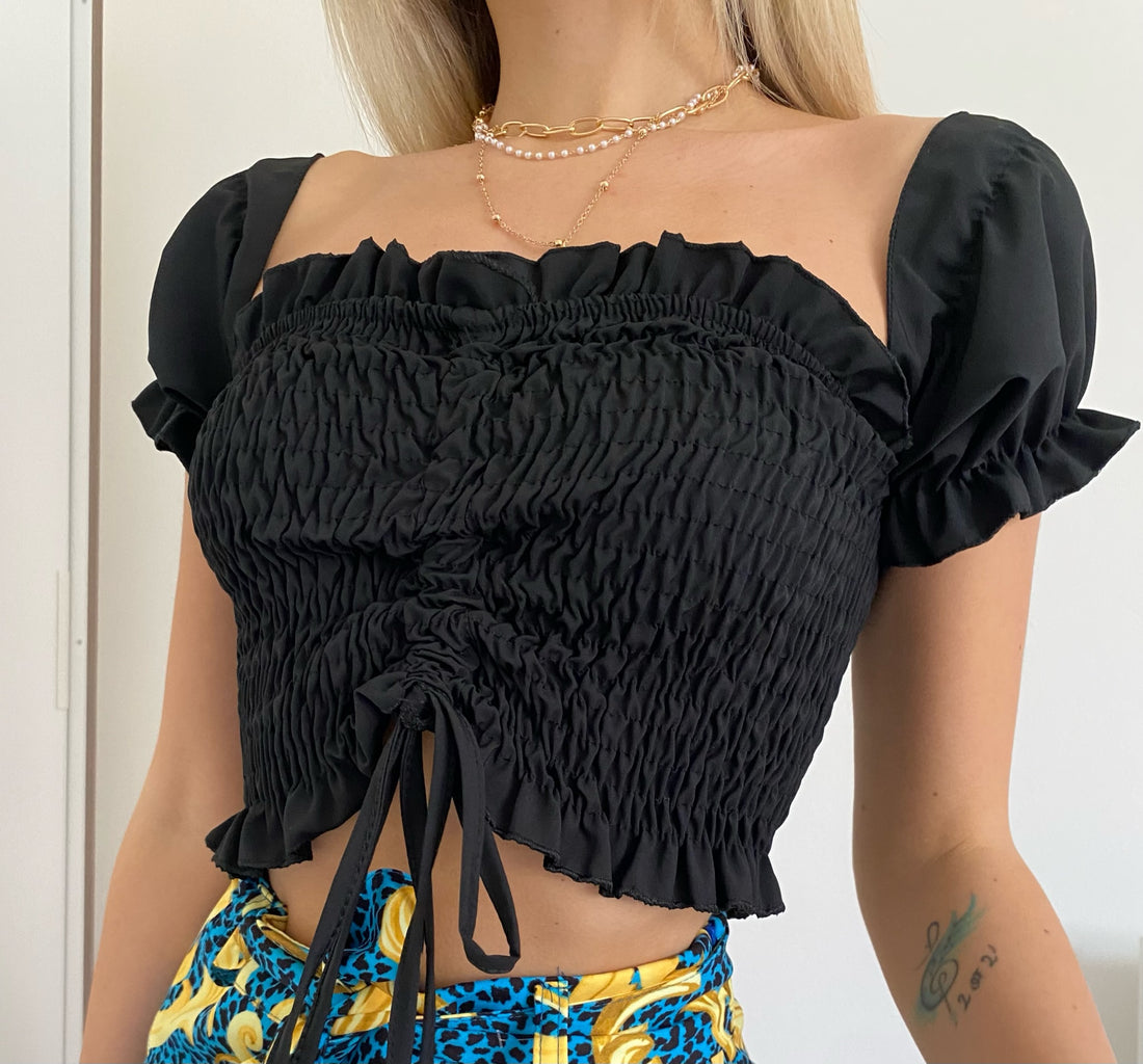 Top crop arricciato con manichina nero - R.a. Boutique 