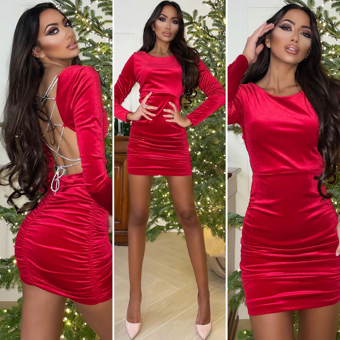 Abito in velluto rosso schiena incrociata - R.a. Boutique 