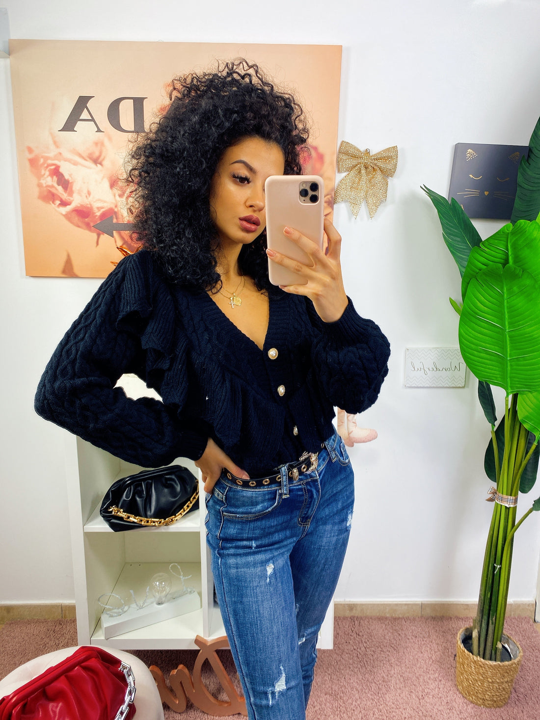 Maglioncino ricamato a trecce e bottoni in perle - R.a. Boutique 