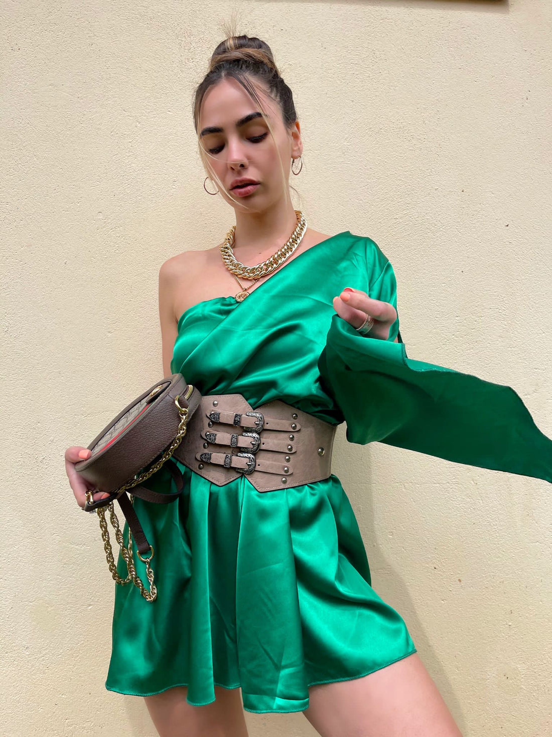 Tutina monospalla taglio impero Verde - R.a. Boutique 