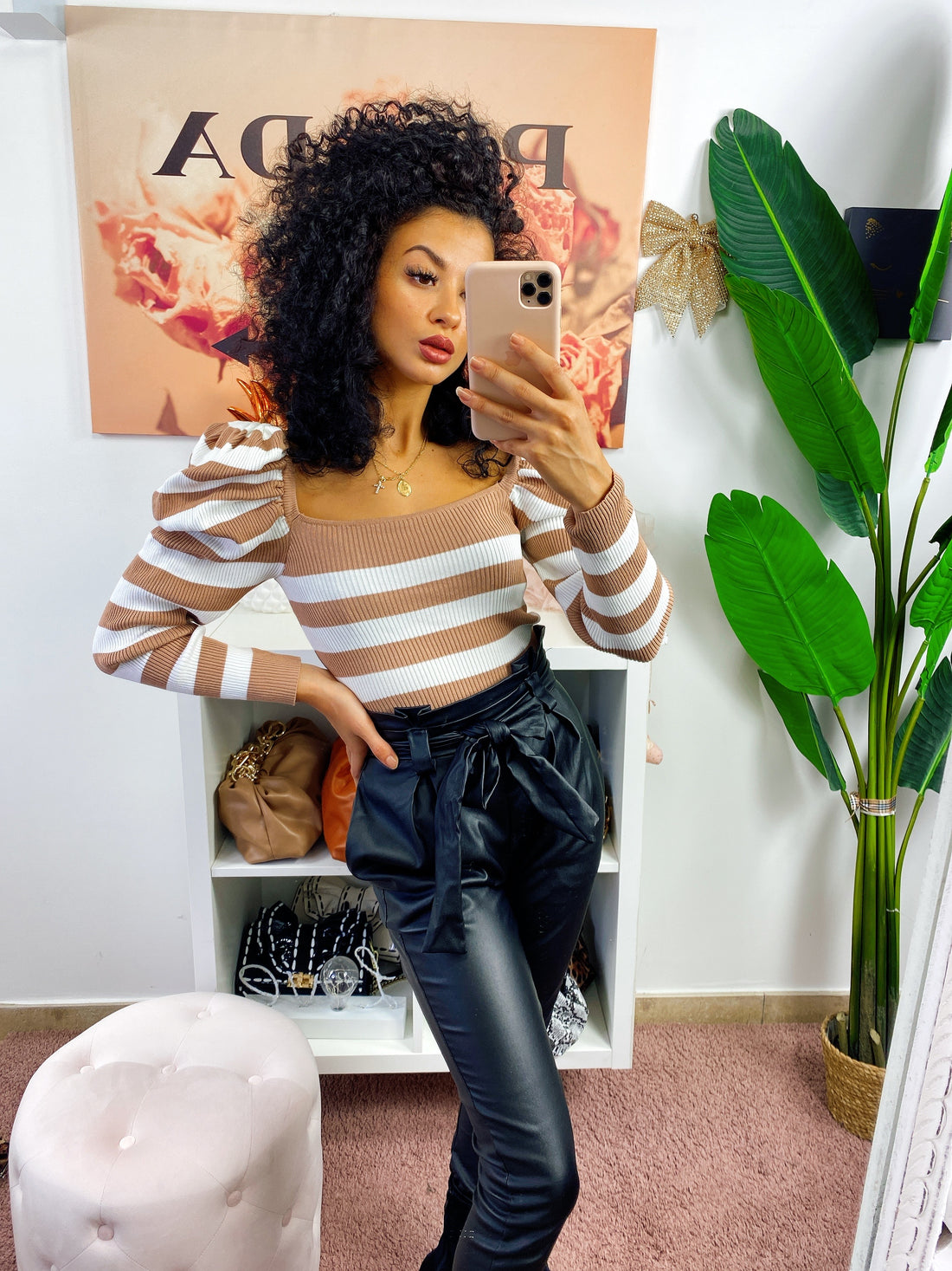 Top a righe manica bombata nude - R.a. Boutique 