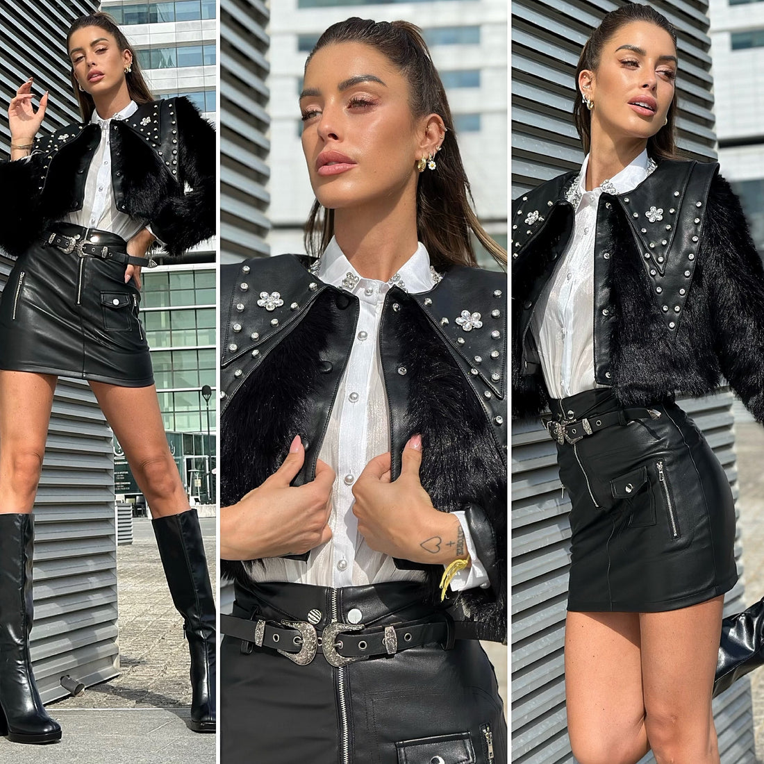 Giacca crop con pelo e strass - R.a. Boutique 