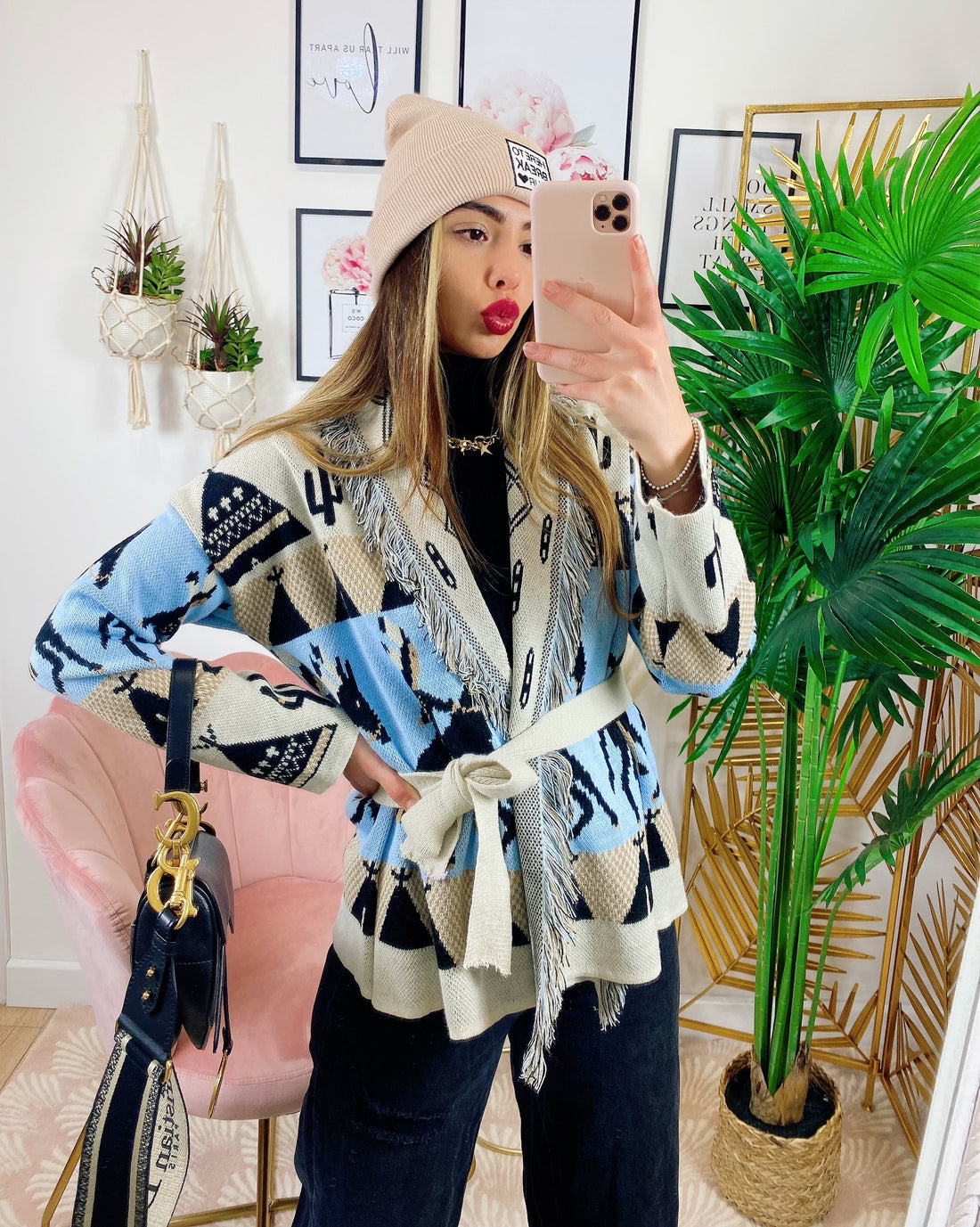 Cardigan frange e cinta con cavallo celeste corto - R.a. Boutique 