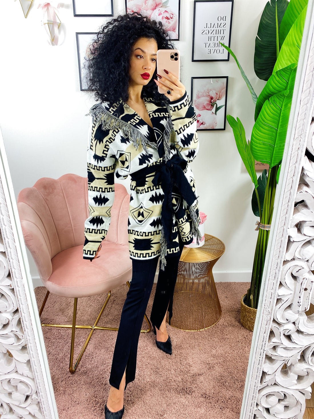 Cardigan Nero e Beige con frange e cinta - R.a. Boutique 