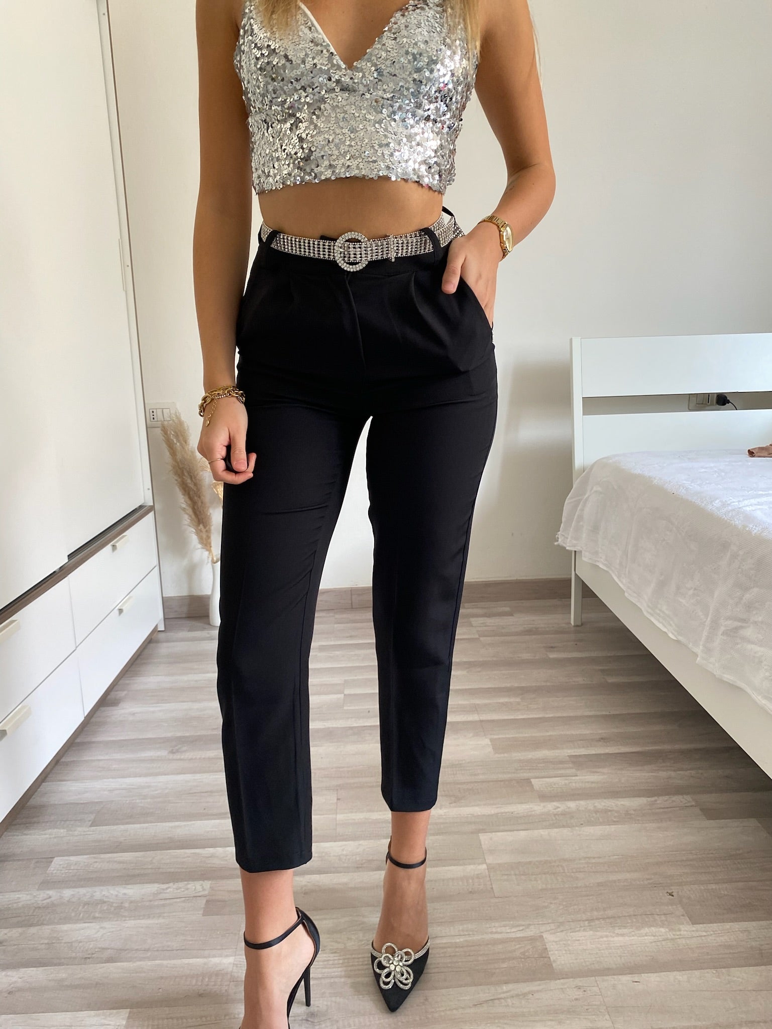 Completo giacca e pantalone strass nero - R.a. Boutique 