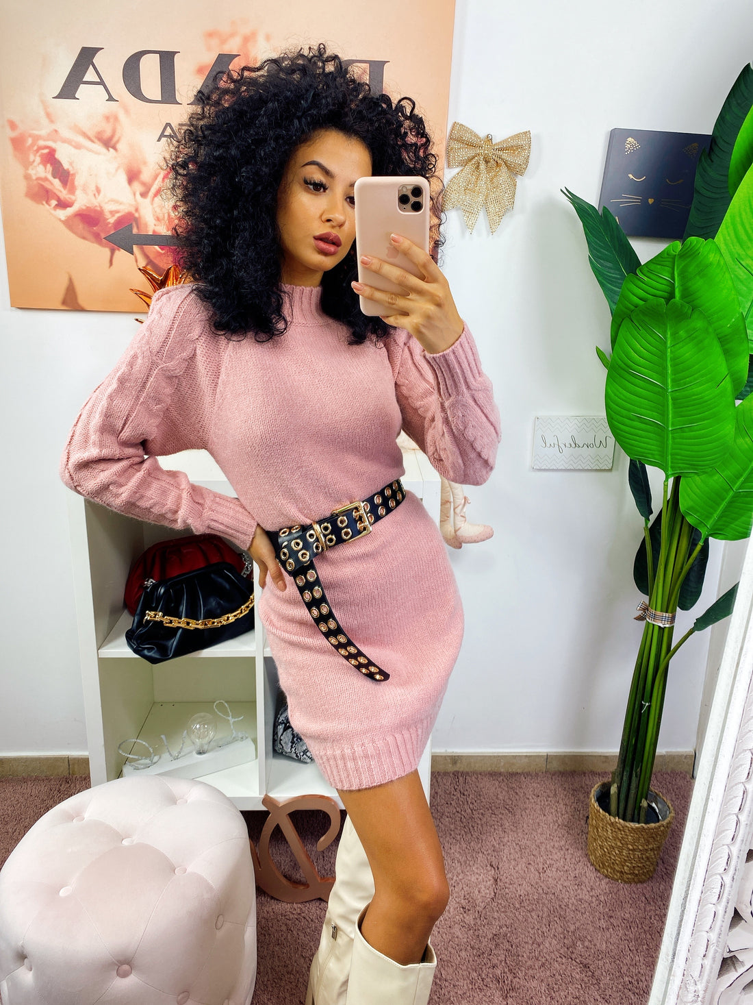 Abito in maglia con trecce e spalline Rosa - R.a. Boutique 