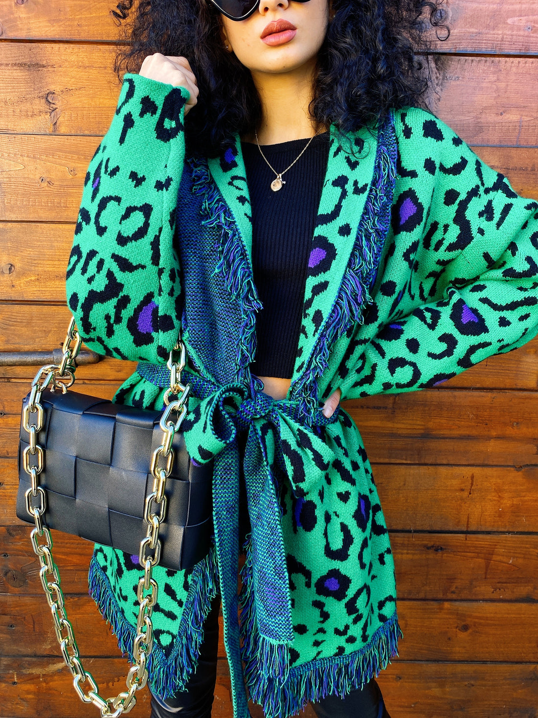 Cardigan verde con frange e cinta - R.a. Boutique 