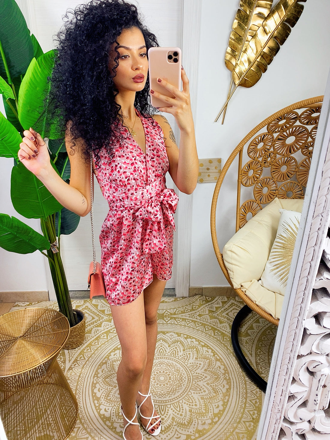 Tutina con incroci stampa a fiorellini rosa - R.a. Boutique 