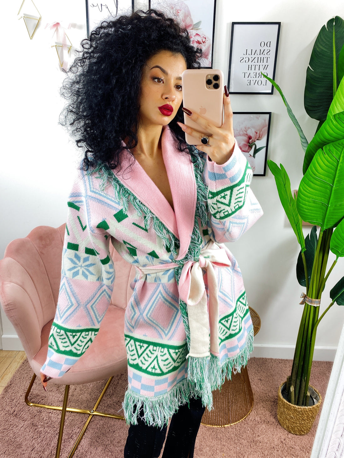 Cardigan frange e cinta rosa e verde - R.a. Boutique 