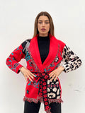 Cardigan con frange e cintura rosso - R.a. Boutique 