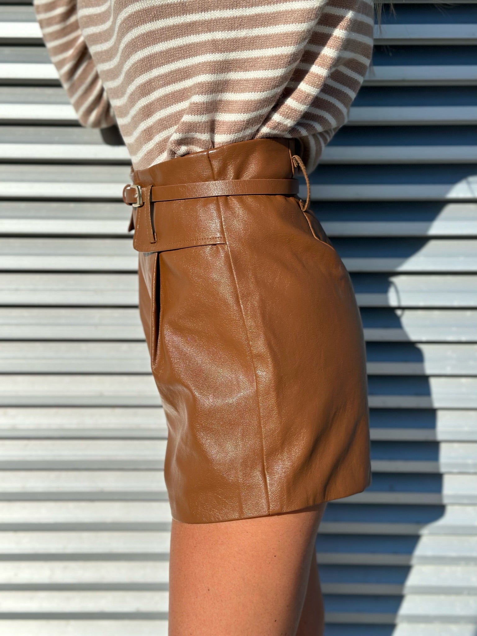 Camel faux leather shorts with belt