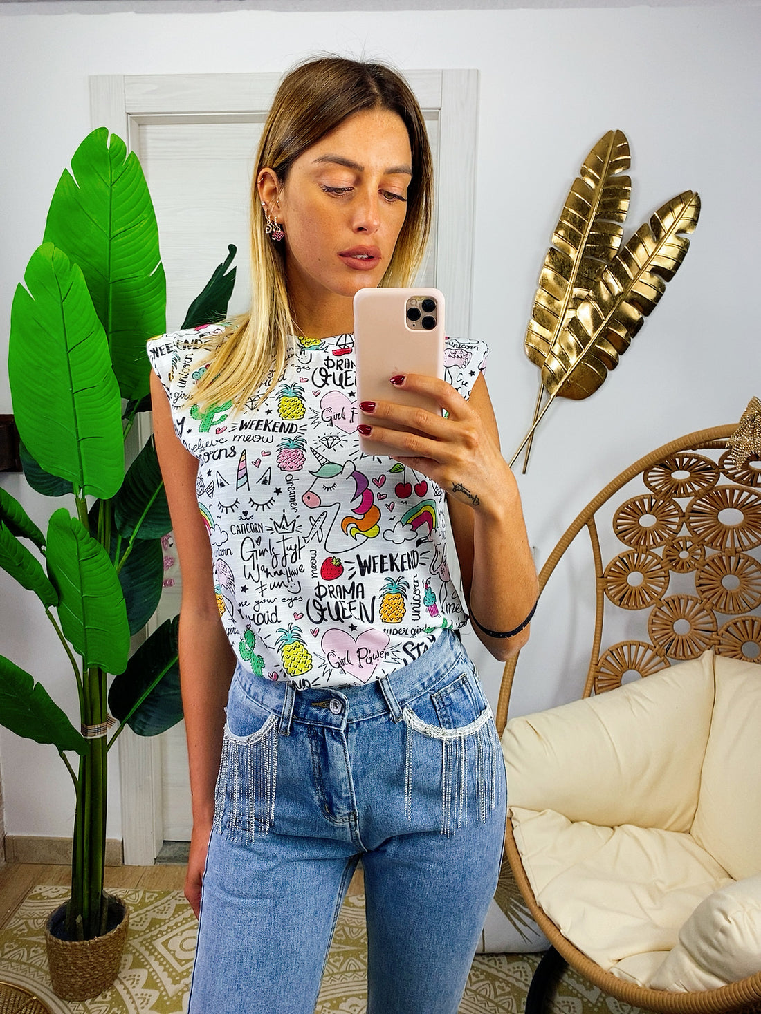 Maglia con spalline bombate e unicorni - R.a. Boutique 