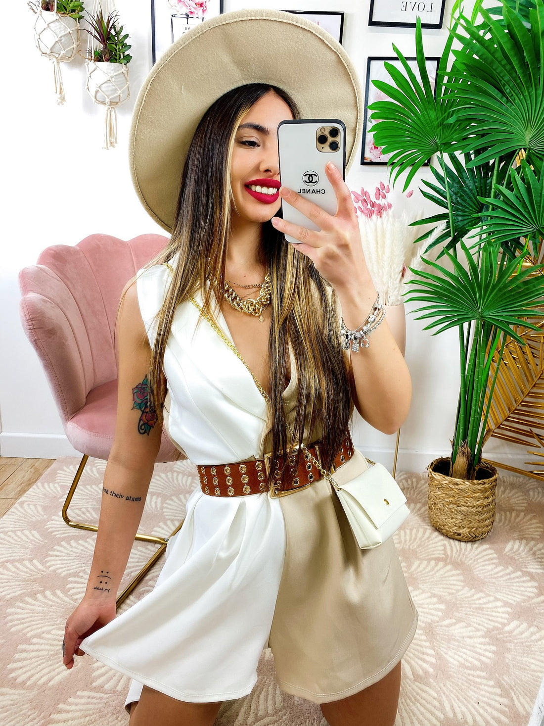 Tutina a Blazer bicolor con borsetta beige - R.a. Boutique 