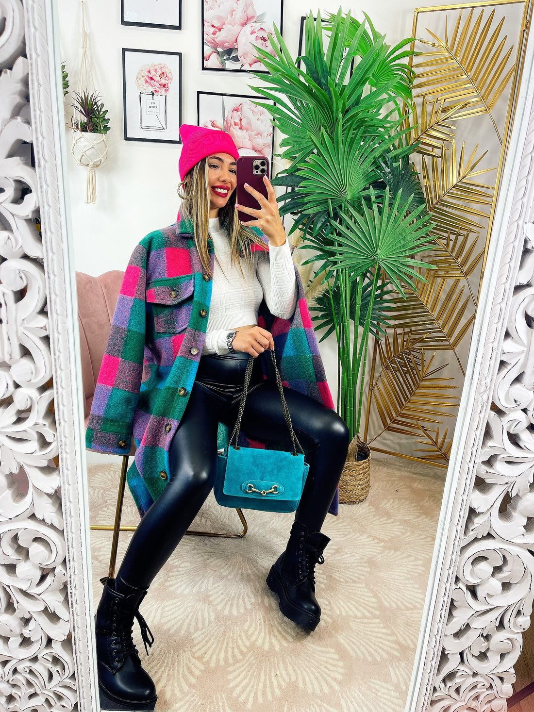 Maxi camicione a quadri celesti e fucsia - R.a. Boutique 