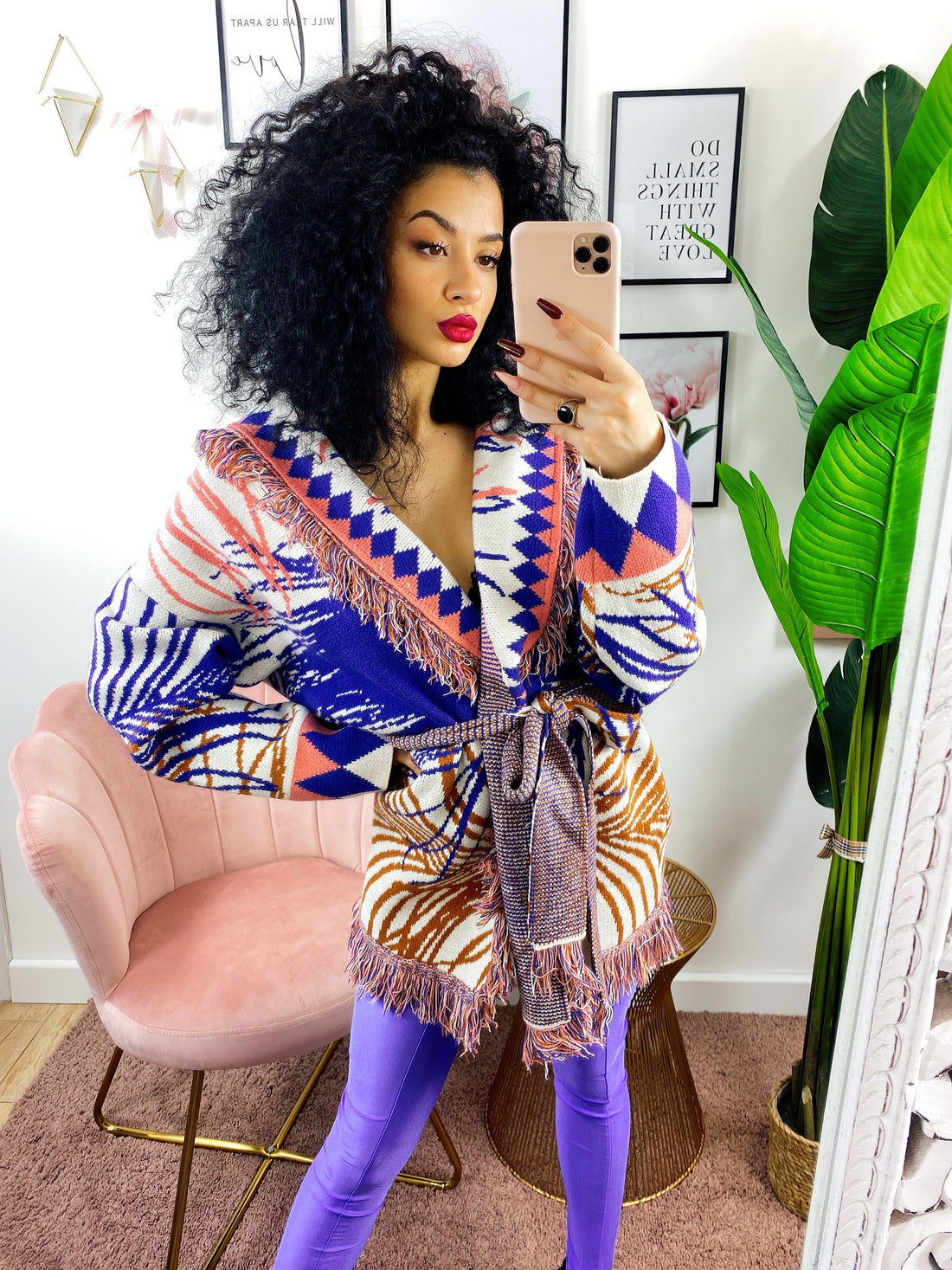 Cardigan frange e cinta viola arancio - R.a. Boutique 