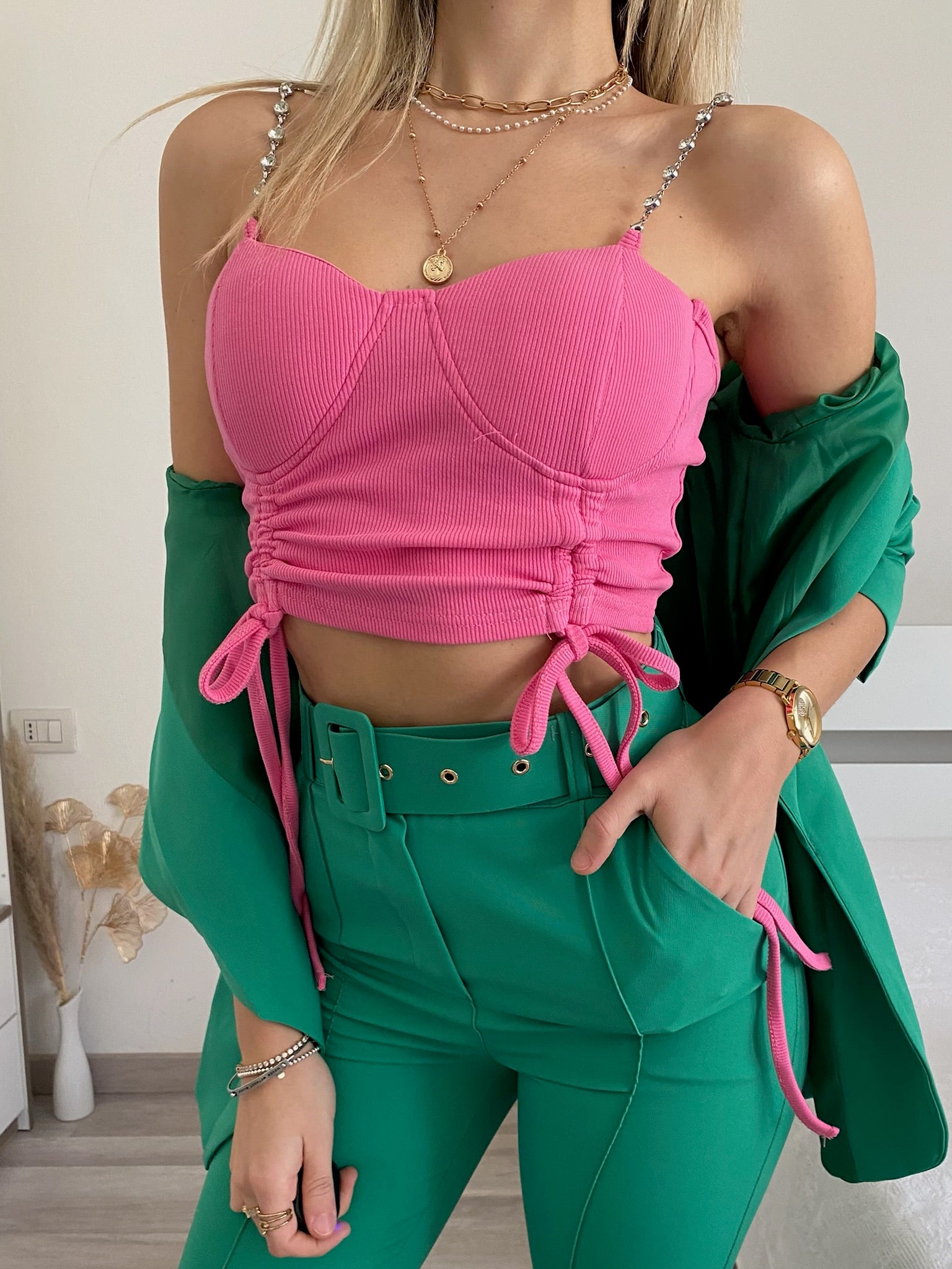 Top rosa con spalline in strass - R.a. Boutique 