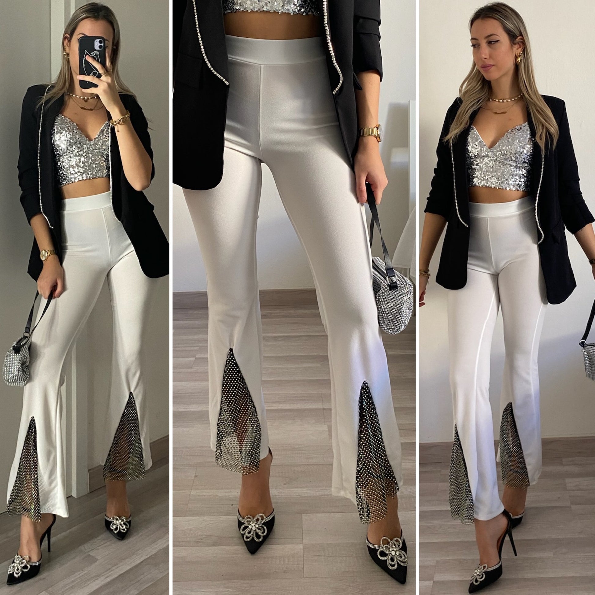 Pantaloni a zampa con strass bianco - R.a. Boutique 