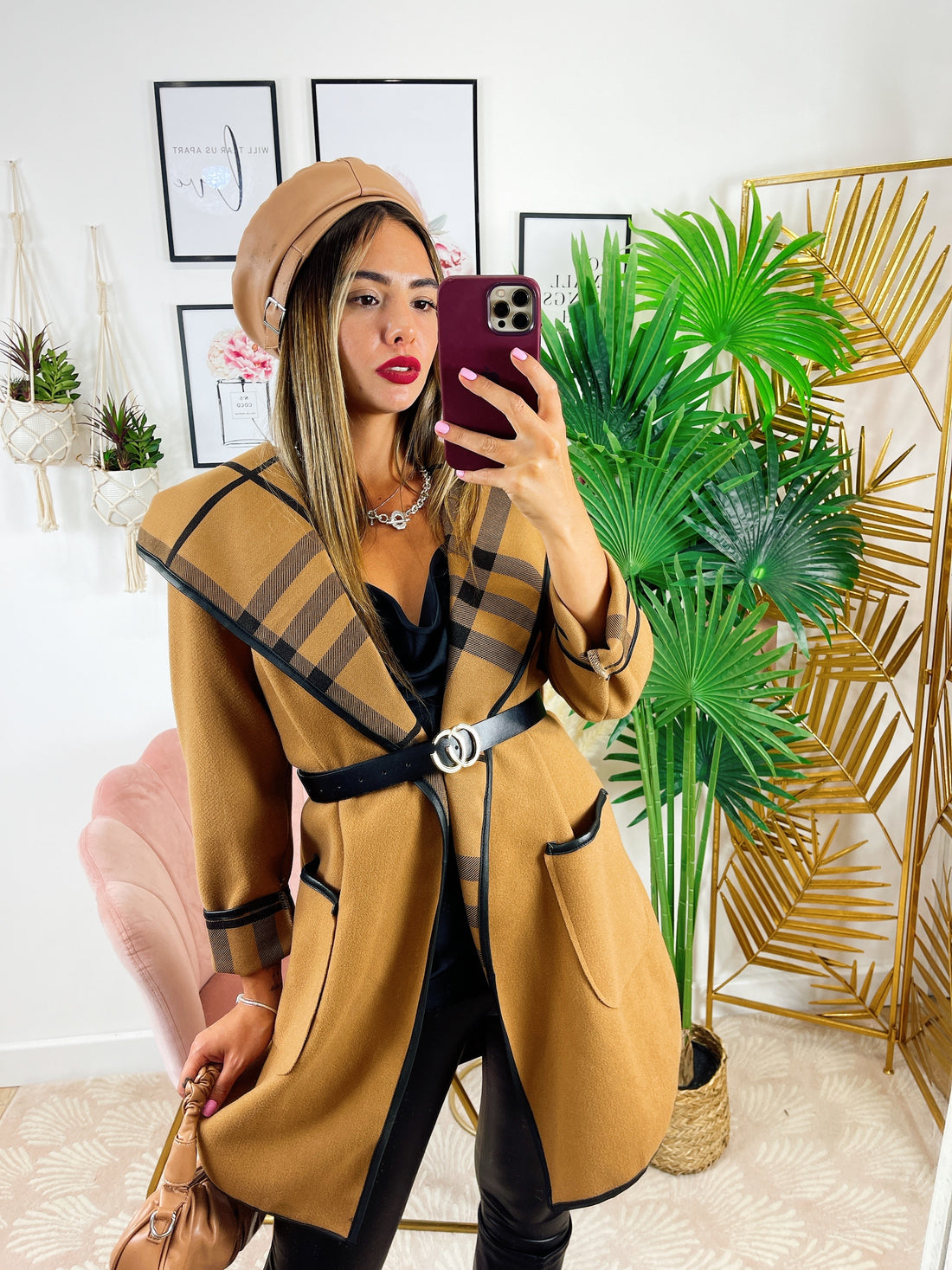 Cappotto check camel con cintura - R.a. Boutique 