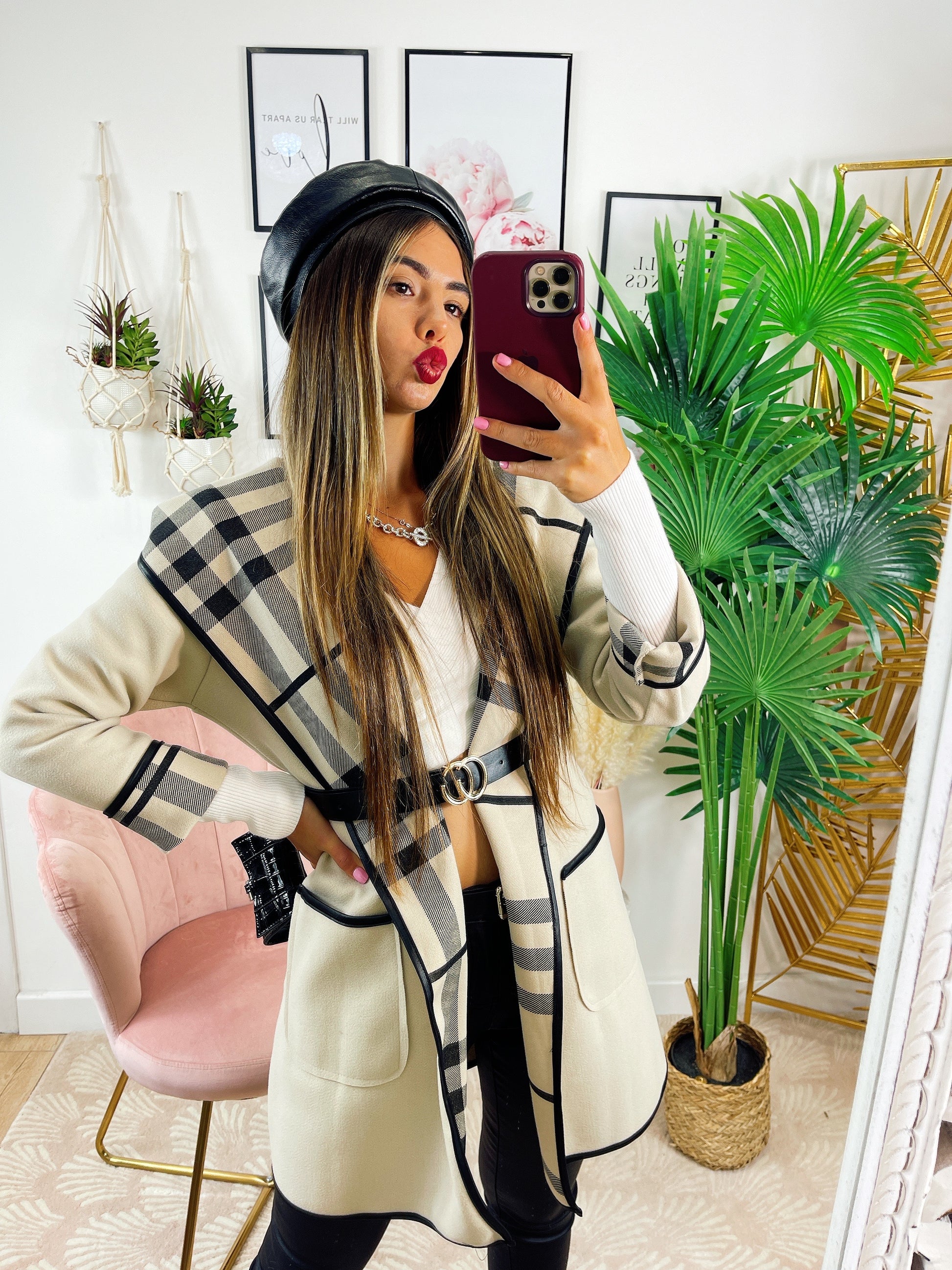 Cappotto check beige con cintura - R.a. Boutique 