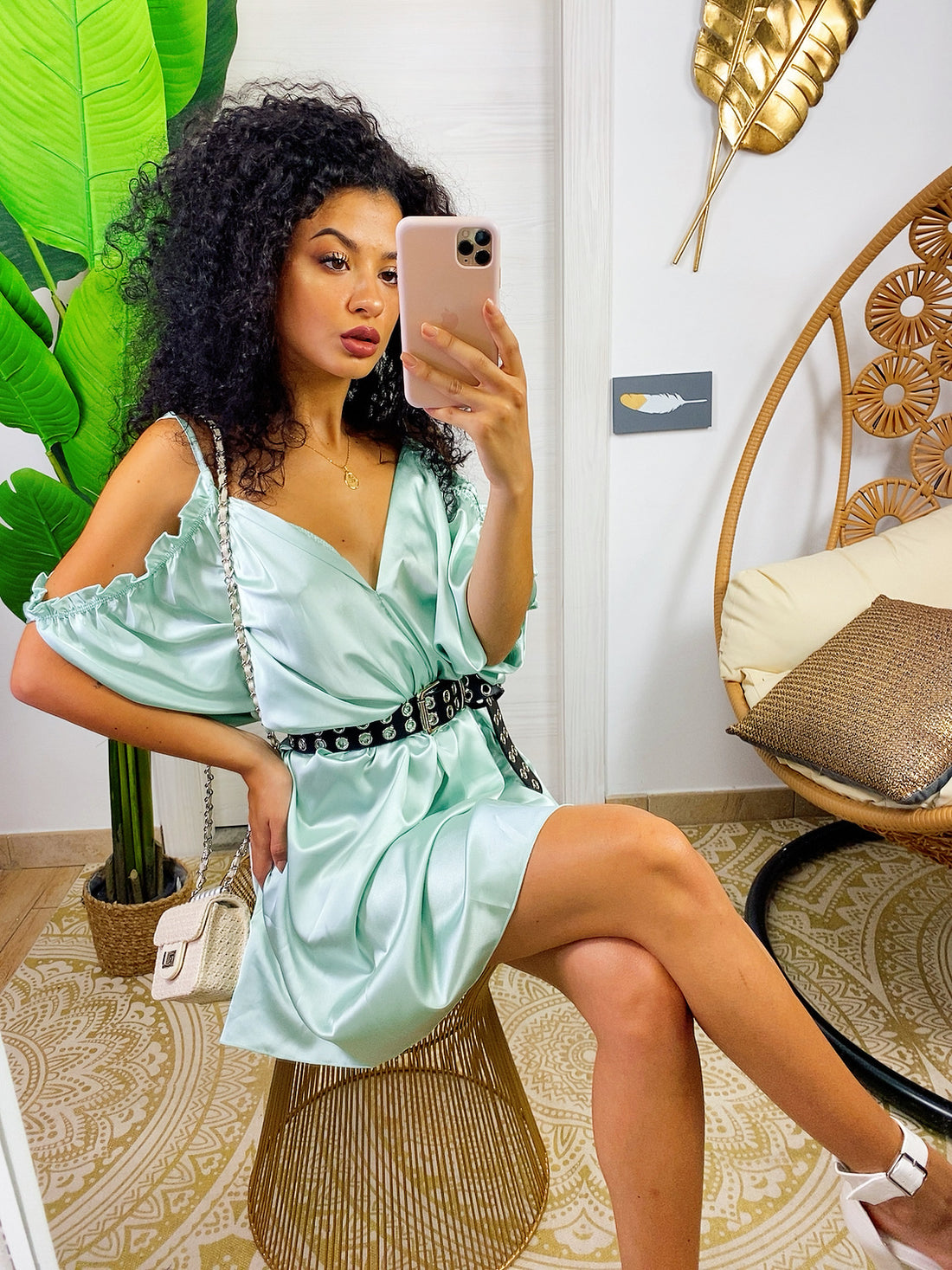 Abito in raso verdeacqua con rouches - R.a. Boutique 