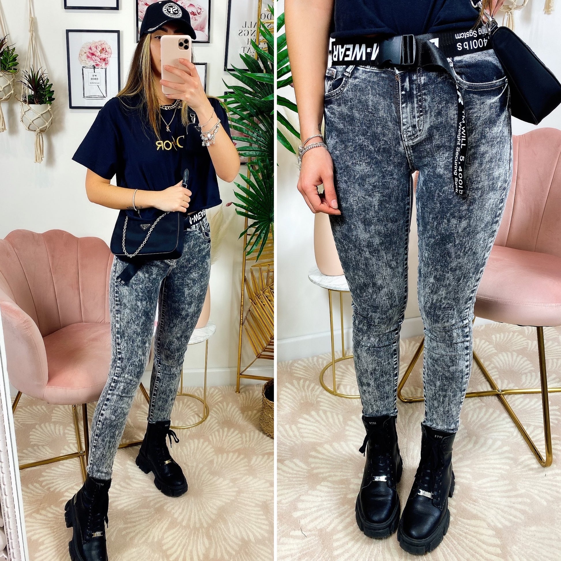 jeans nero con cintura - R.a. Boutique 