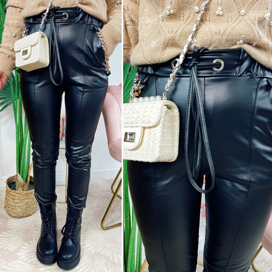 Leggins in eco-pelle con catene nero - R.a. Boutique 