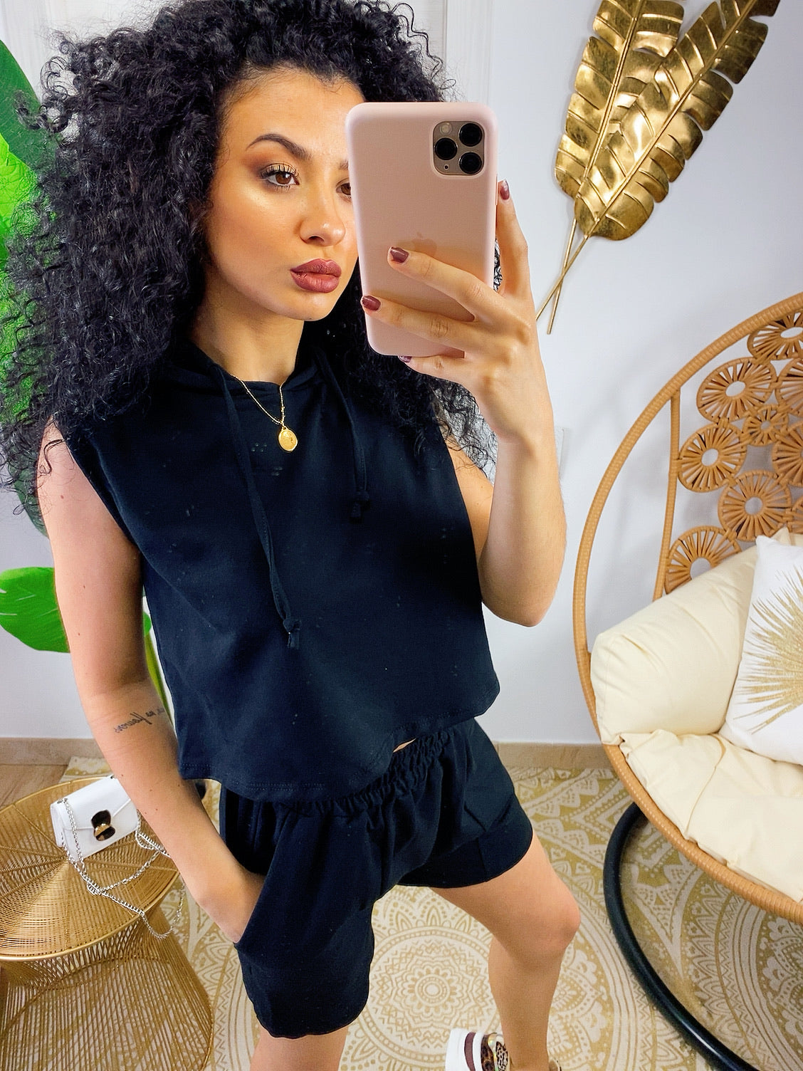 Sporty black and lilac shirt and shorts set
