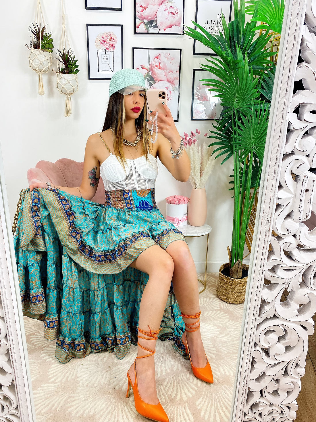 Gonna asimmetrica Verdeacqua con foglie - R.a. Boutique 