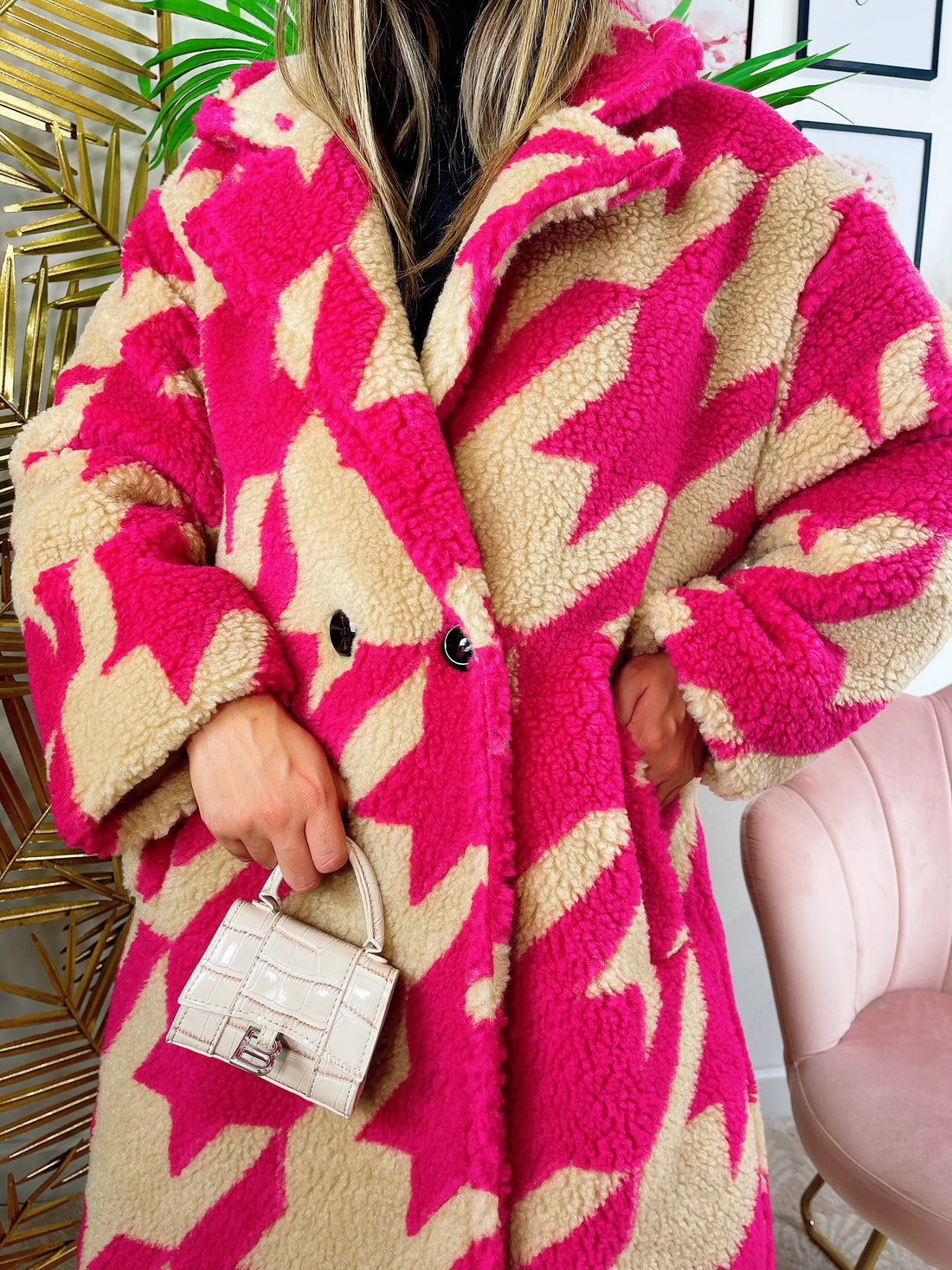 Cappotto pied de poule dettaglio fucsia - R.a. Boutique 