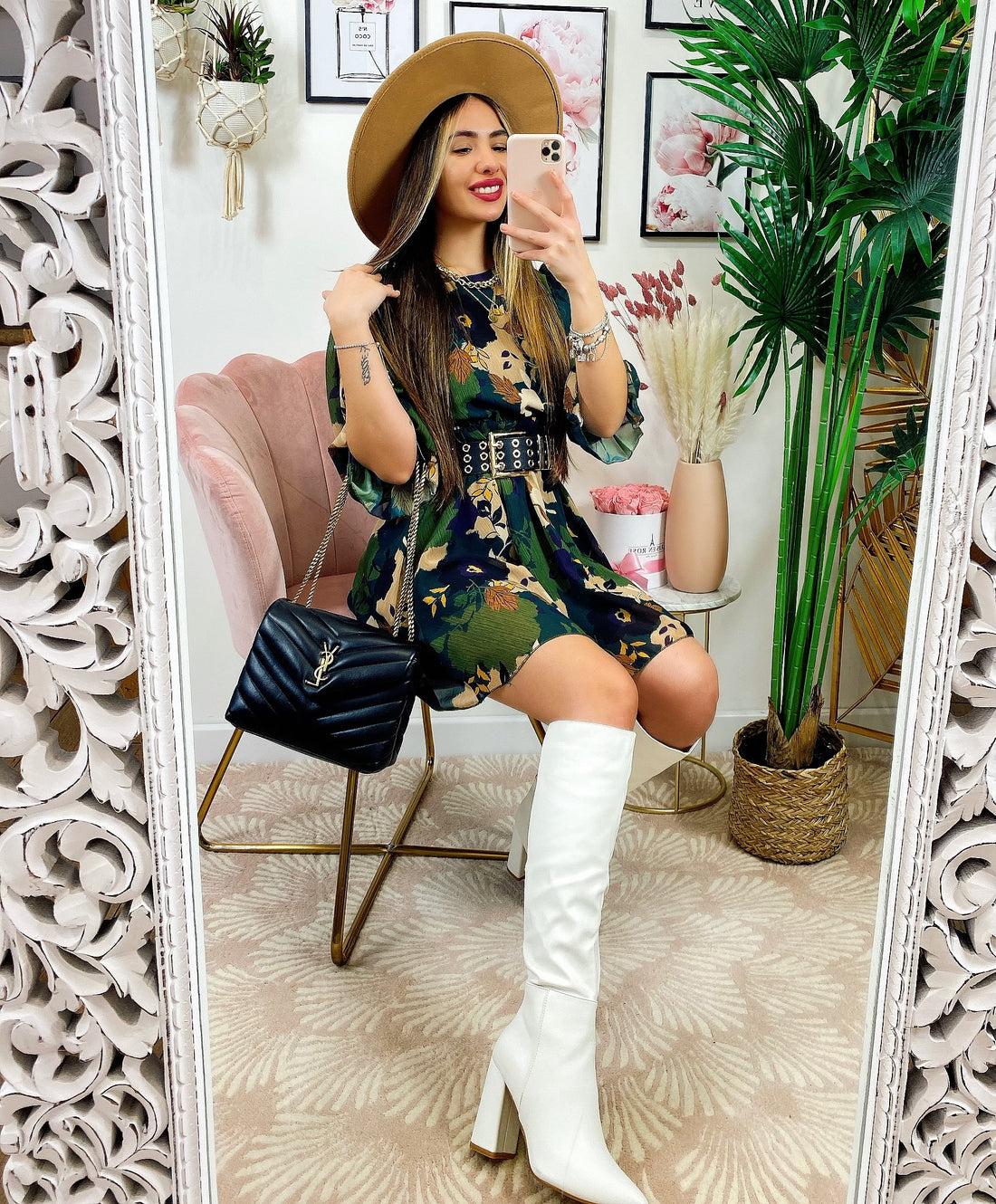 Abito manica lunga con fiori verde militare - R.a. Boutique 