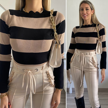 Maglione a righe con spacco nude Nero - R.a. Boutique 