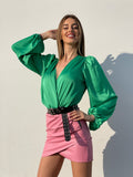 Body in raso scollo a V verde smeraldo - R.a. Boutique 