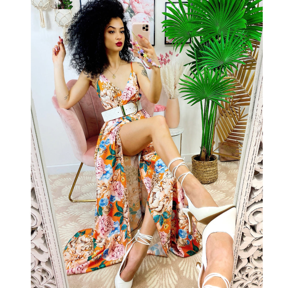 Dress Lungo con maxi spacco fiori arancio - R.a. Boutique 