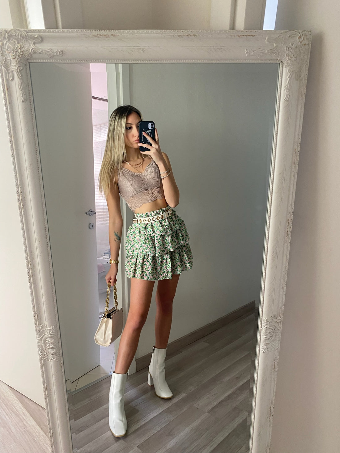 Gonna a balze con fiorellini verde - R.a. Boutique 