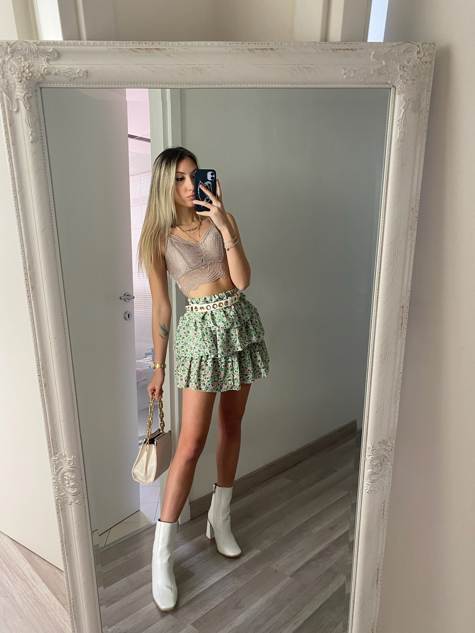 Gonna a balze con fiorellini verde - R.a. Boutique 