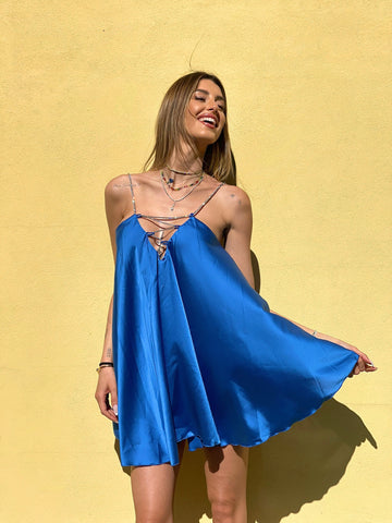 Abito in raso blu elettrico con punto luce - R.a. Boutique 