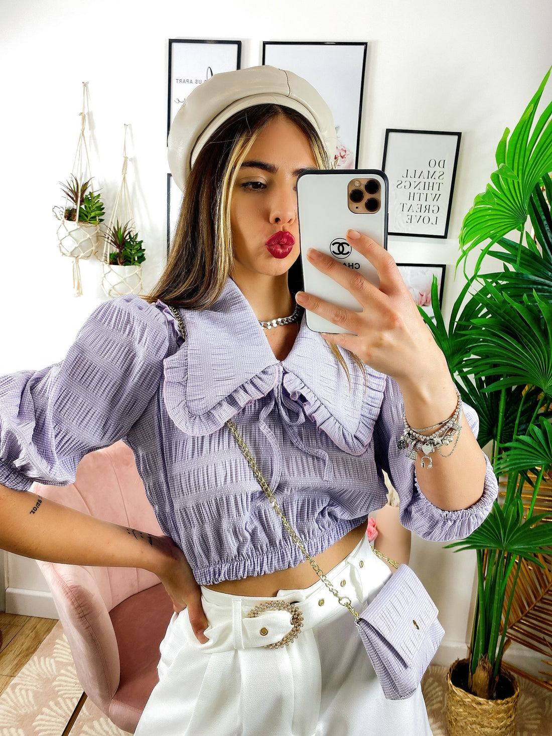 Camicetta Corta Lilla con borsetta e arricciatura oro - R.a. Boutique 