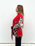 Cardigan con frange e cintura rosso - R.a. Boutique 