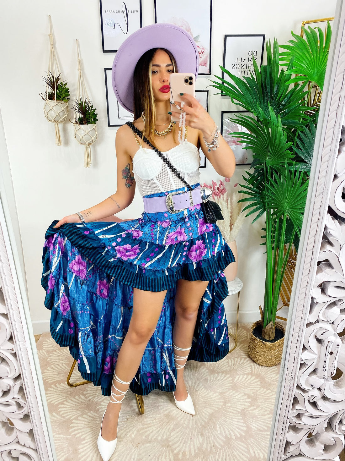 Gonna asimmetrica azzurra fiori lilla rosa - R.a. Boutique 